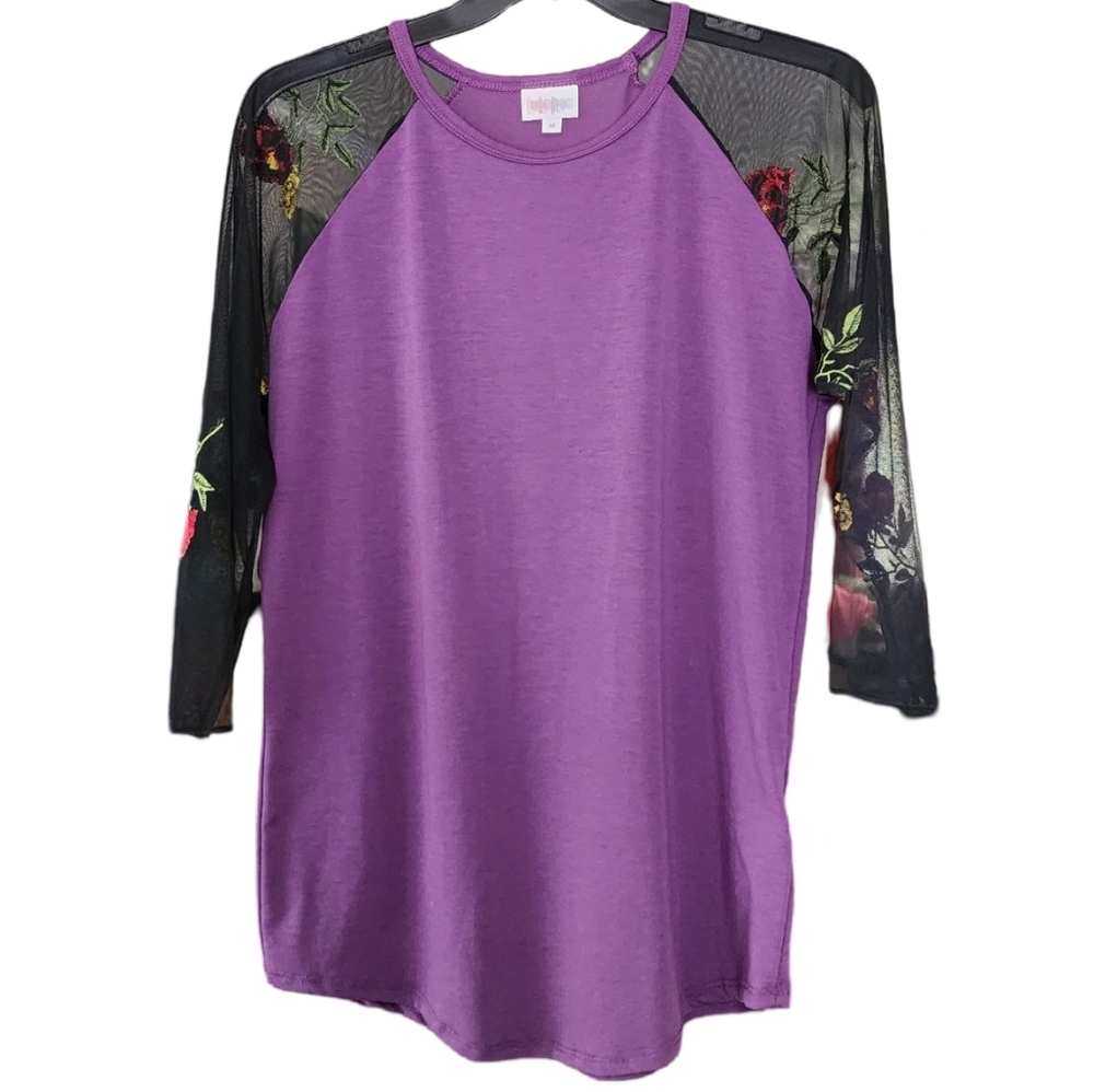 LulaRoe Embroidered Black Mesh Sleeves Purple Blouse Women's Medium